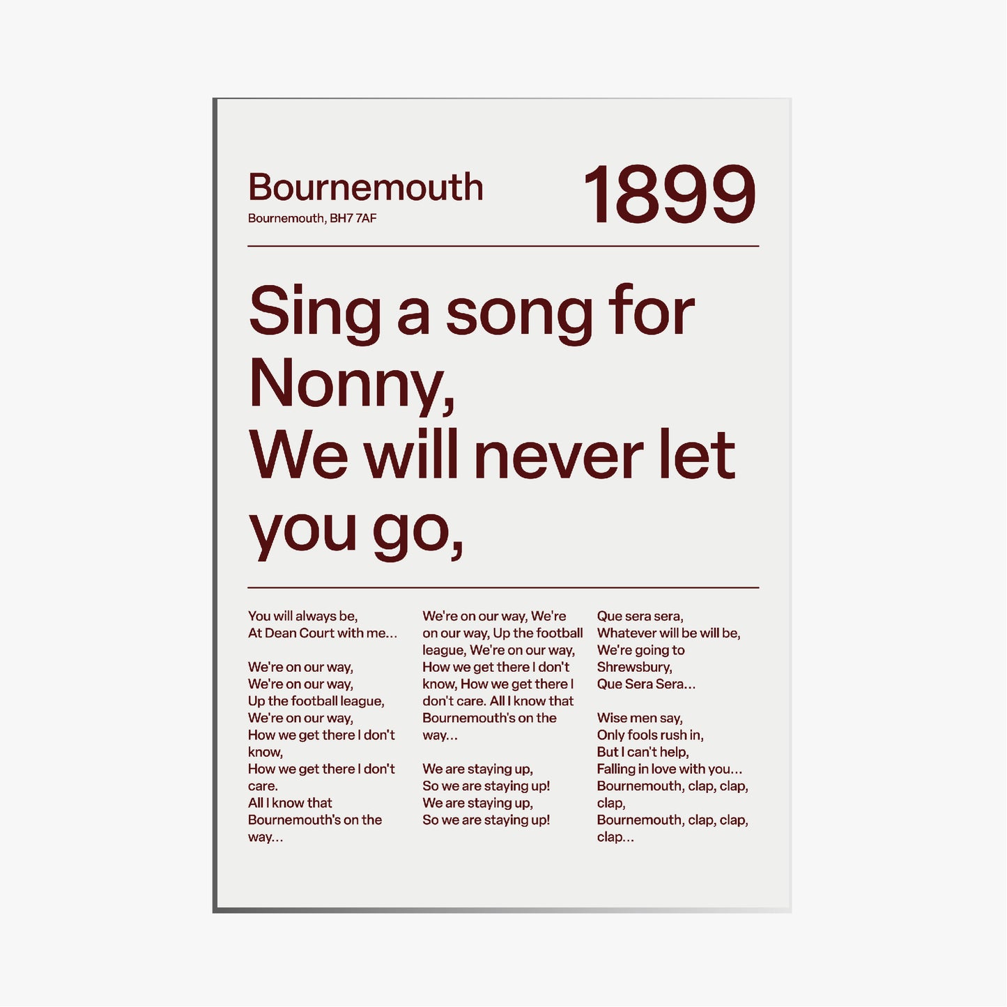 "Sing a song for Nonny" AFC Bournemouth Art Print (White)