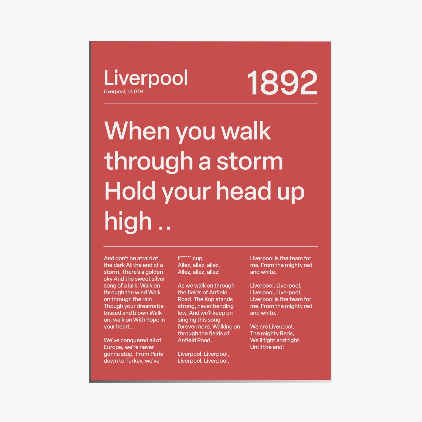 "You´ll Never Walk Alone" Liverpool F.C. Art Print (Red)