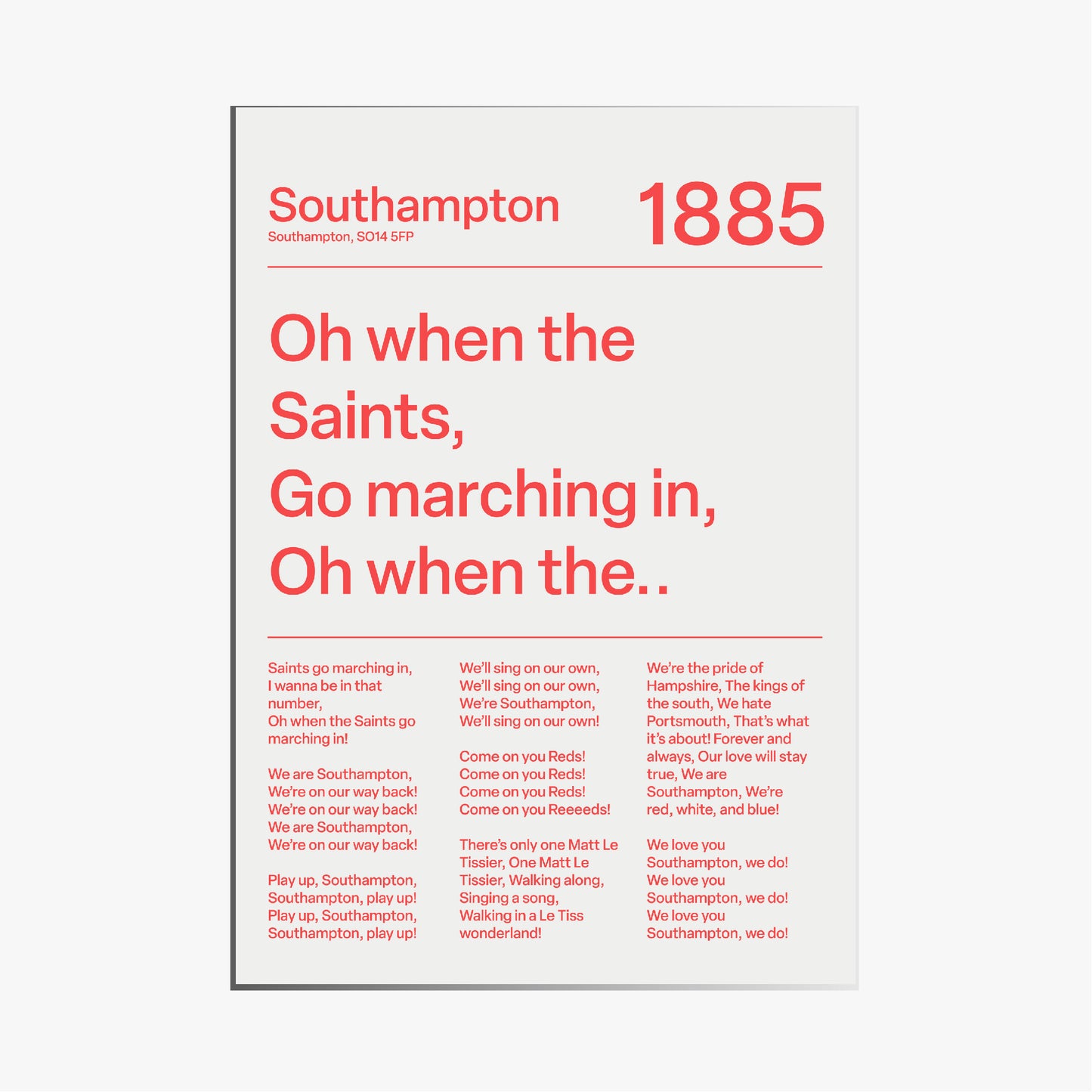"Oh When the Saints Go Marching In" Southampton F.C. Art Print (White)