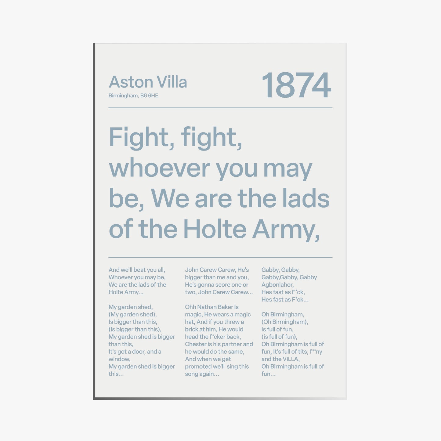 "The Lads of Holter Army" Aston Villa F.C. Art Print (White)
