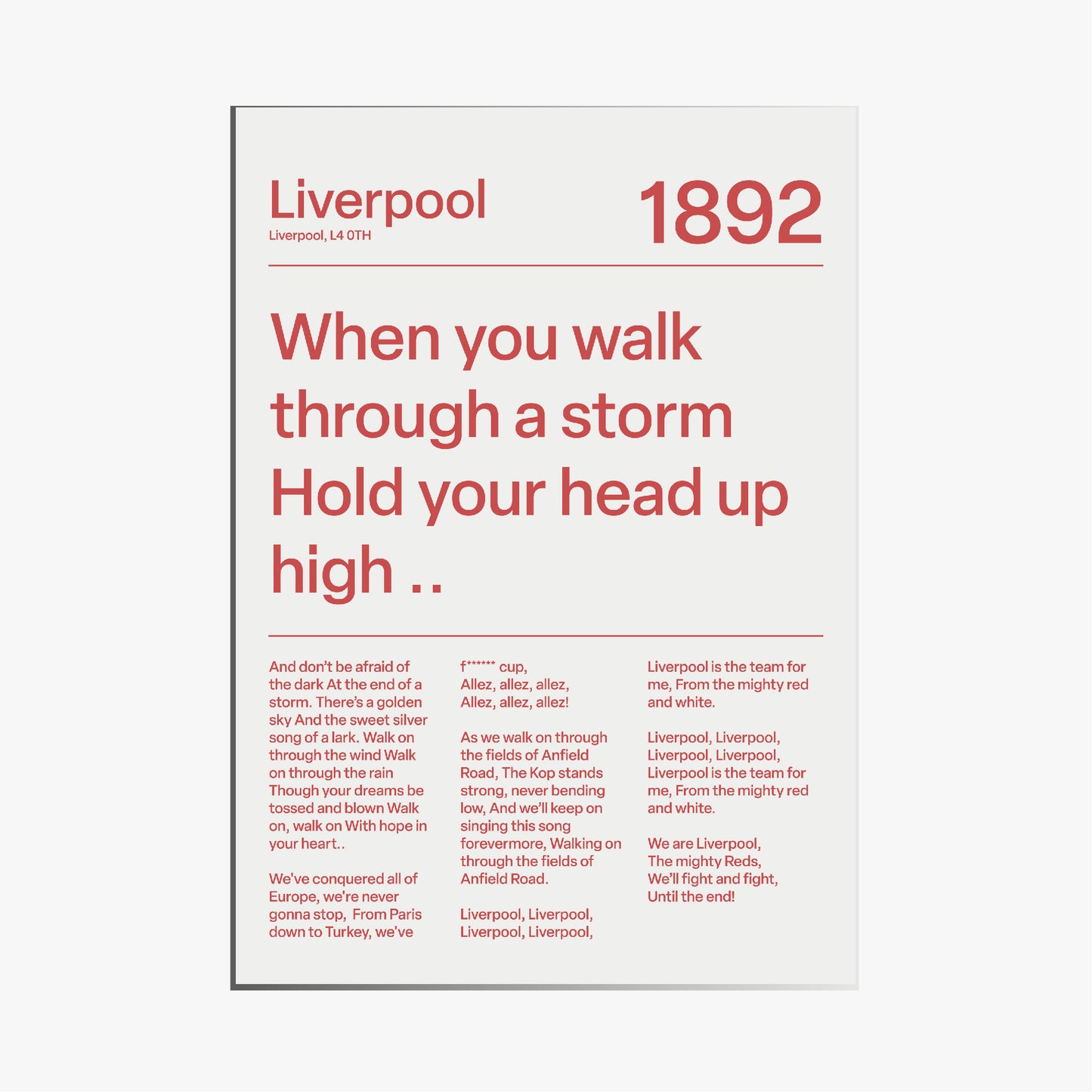 "You´ll Never Walk Alone" Liverpool F.C. Art Print (White)