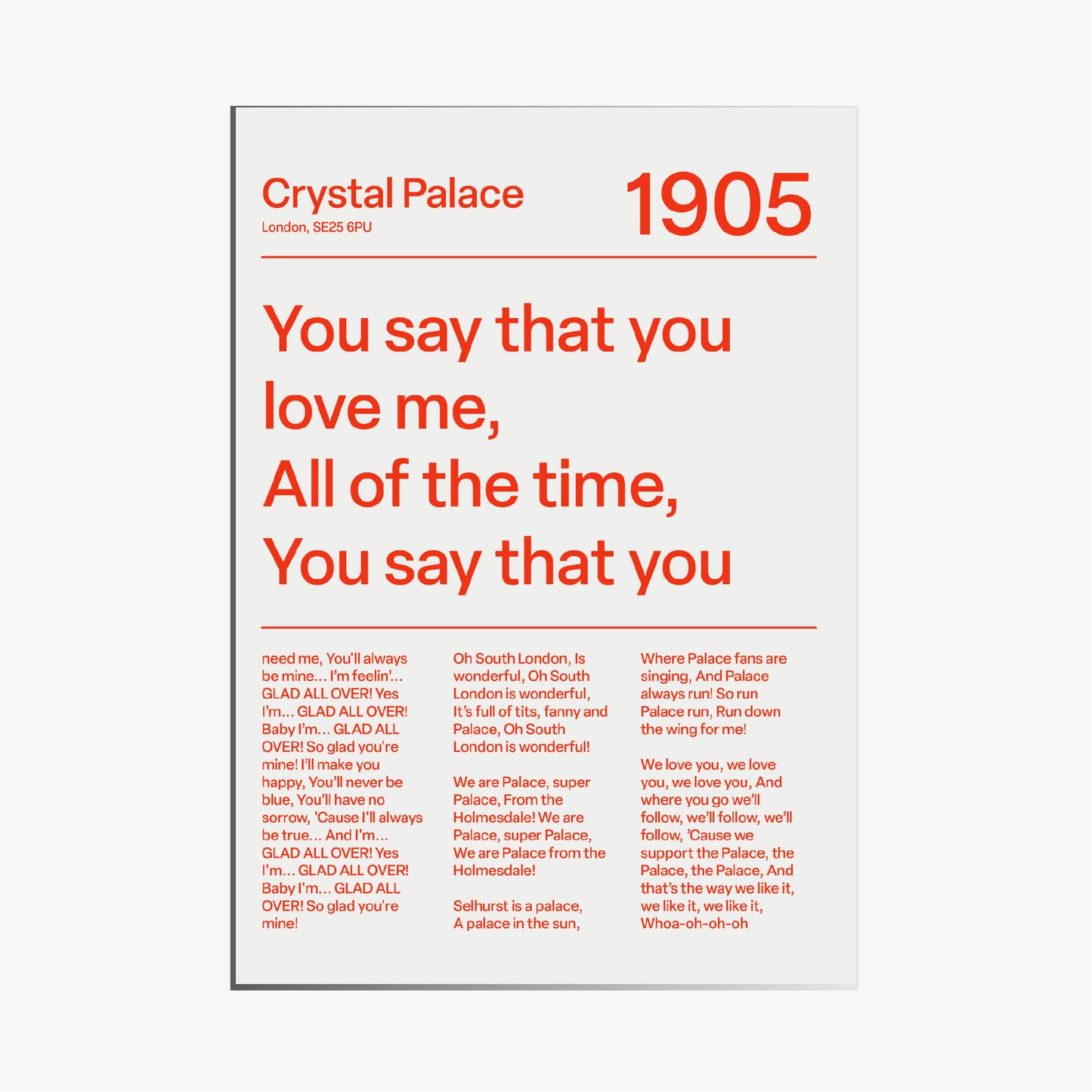 CRYSTAL PALACE F.C. CHANTS PRINT (WHITE)