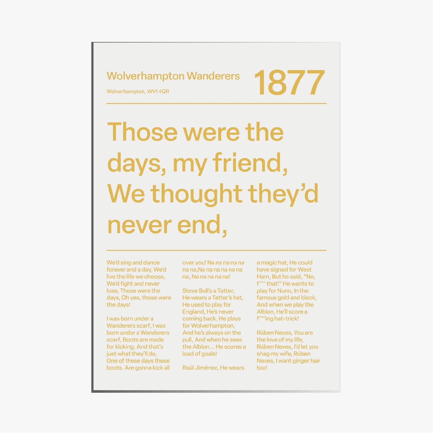 WOLVERHAMPTON WANDERERS F.C. CHANTS PRINT (WHITE)