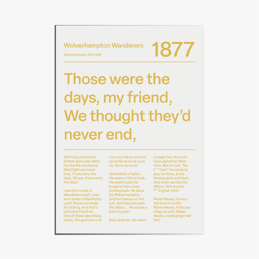 WOLVERHAMPTON WANDERERS F.C. CHANTS PRINT (WHITE)