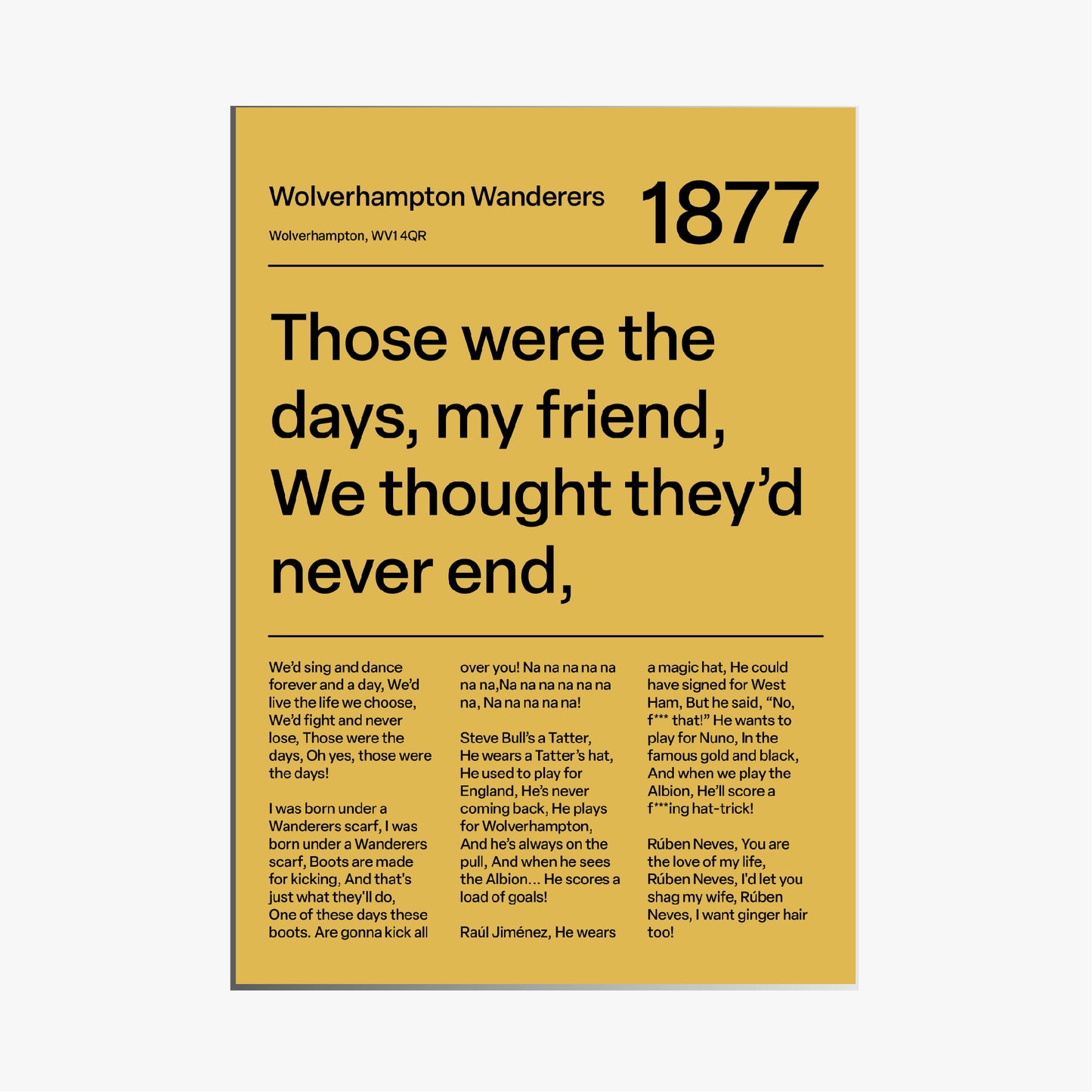 WOLVERHAMPTON WANDERERS F.C. CHANTS PRINT (YELLOW)